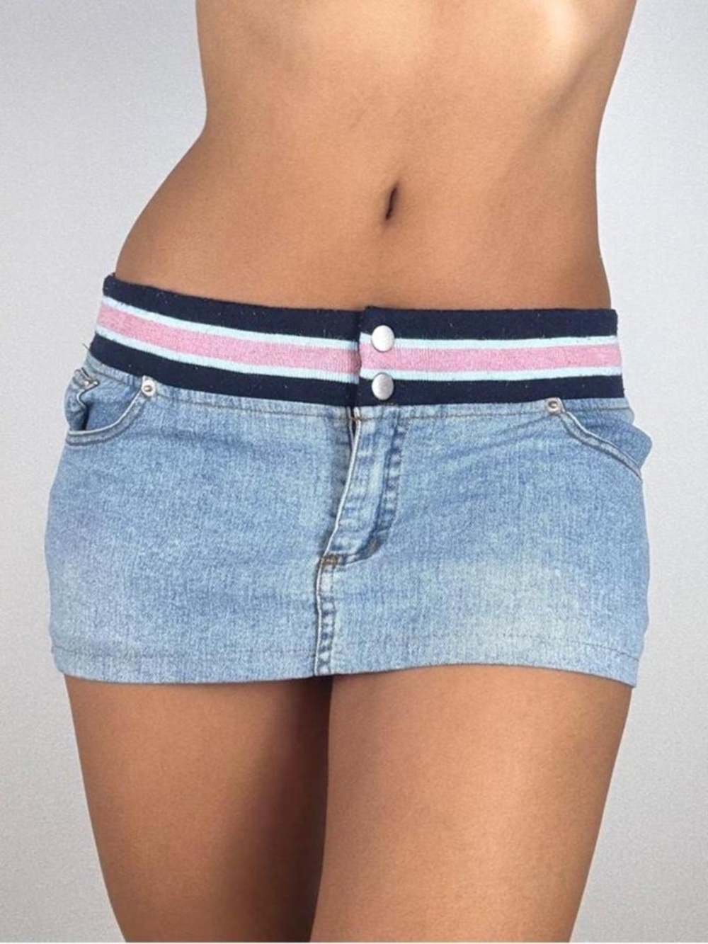 Y2K light blue denim mini skirt with pink & navy striped waistband